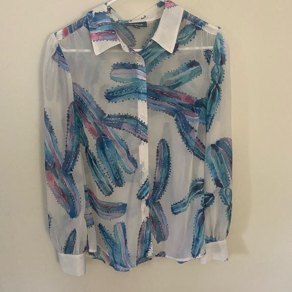 ModCloth Watercolor Cactus‎ Button Down Chiffon Blouse Size Medium NWOT - Picture 7 of 7